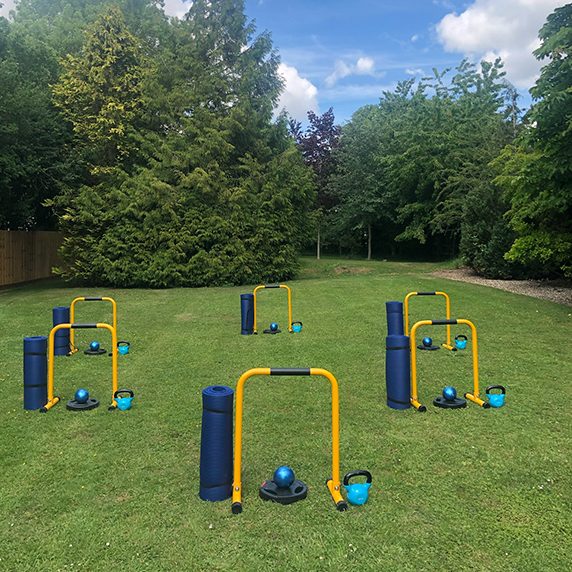 Outdoor training equipment set out on the lawn